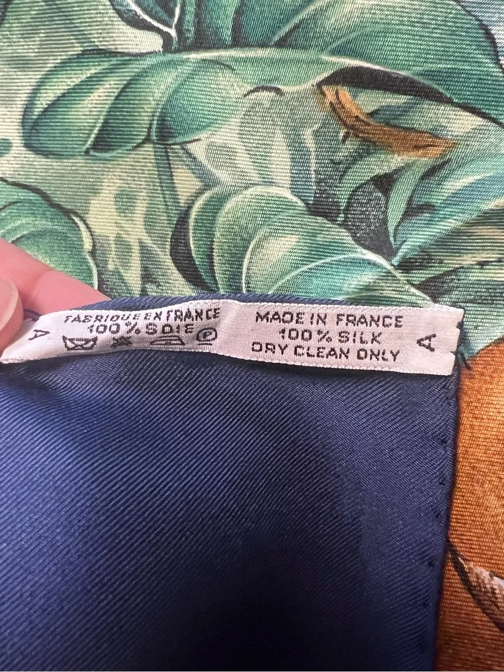Hermes “ Equateur” Tropical Leaf and Navy 100% Silk Scarf - Picture 7 of 10